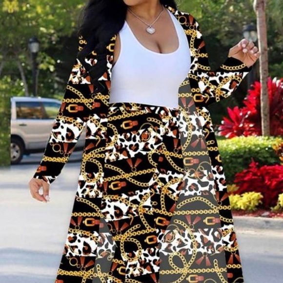 2pc Gold /Black Chain Link Long Sleeve Open Front Cardigan High Waist Pants - Picture 5 of 13